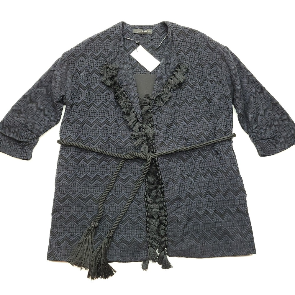 Zara Woman Kimono Jacket L Damask Textured Tassel Tie Belt Open Front Artsy